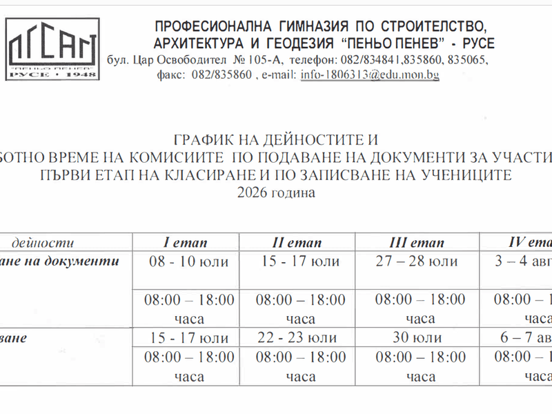 ГРАФИК НА ДЕЙНОСТИТЕ И РАБОТНО ВРЕМЕ НА КОМИСИИТЕ ПО ПОДАВАНЕ НА ДОКУМЕНТИ ЗА УЧАСТИЕ В ПЪРВИ ЕТАП НА КЛАСИРАНЕ И ПО ЗАПИСВАНЕ НА УЧЕНИЦИТЕ 2026 година